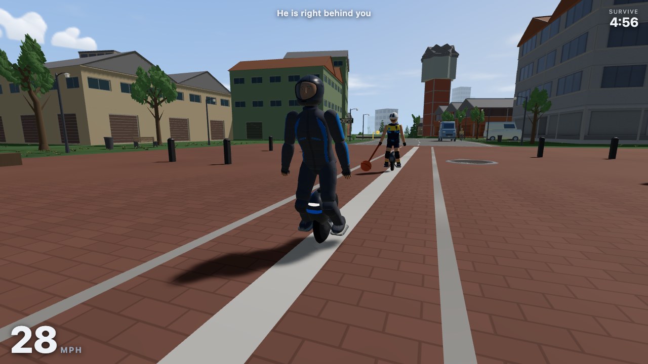 EUC Thrills gameplay showing Cool Rider crossing a brick town plaza with Officer Dorkins close behind